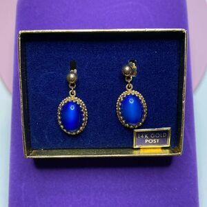 💛 NIB Vintage Avon 14k Yellow Gold Post Blue “Cats Eye” Drop Earrings